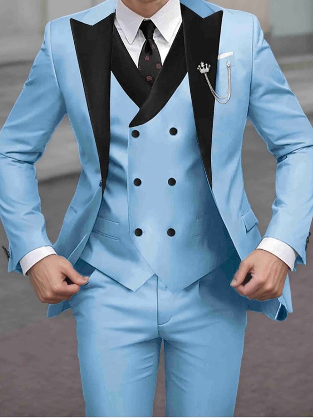Men's Light Blue Double-Breasted Tuxedo with Black Peak Lapel